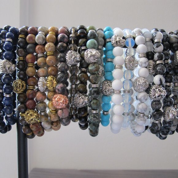 Tourmaline Quartz Beads Gemstone Bracelets Silver Lion Charm Mens Bracelet - Picture 4 of 5